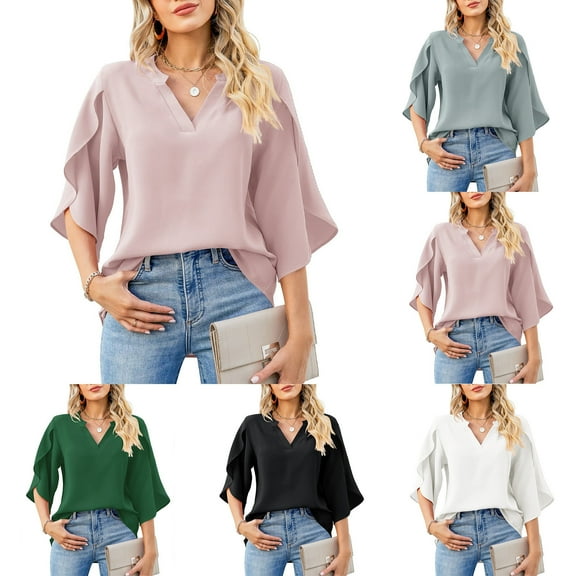 Fesfesfes Womens Tunic Tops Womens Casual Blouse Loose V-neck Sleeve T-shirt Tops Womens Tops Short Sleeve S(US:4)
