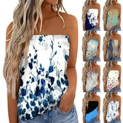 Fesfesfes Womens V Neck Tops Women Strapless Summer Casual Printing Sleeveless Tube Blouse Top Women Shirt 6M