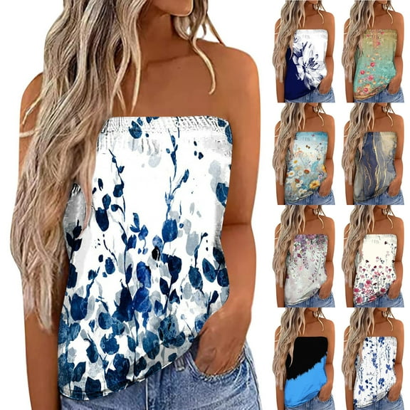 Fesfesfes Womens V Neck Tops Women Strapless Summer Casual Printing Sleeveless Tube Blouse Top Women Shirt 6(M)