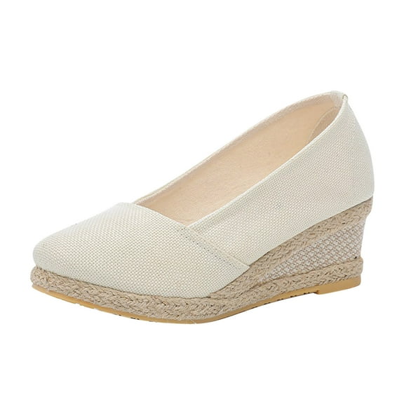 Fesfesfes Womens Wedges Womens Summer Shallow Wedge Heels Pointed Straw Woven Linen Shoes 7.5(40)