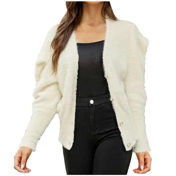 Fesfesfes Womens Winter Coats Winter Casual Solid Knit Long Sleeve Button Puff Sleeve Top Fall Saving Sale