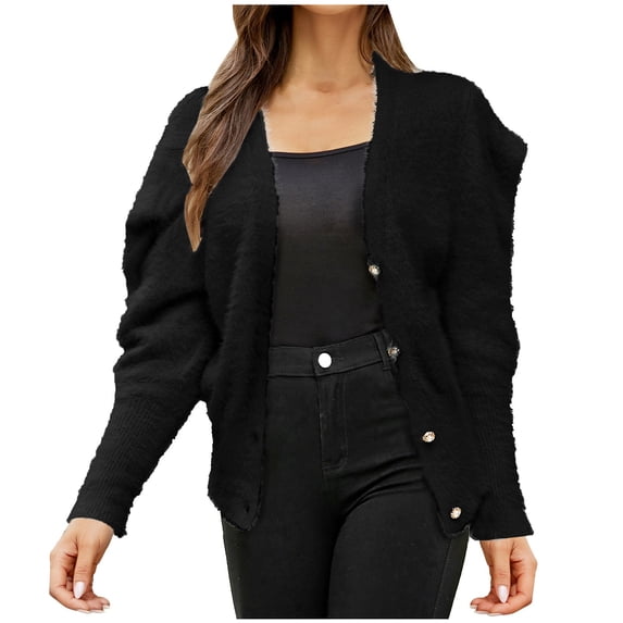 Fesfesfes Womens Winter Coats Winter Casual Solid Knit Long Sleeve Button Puff Sleeve Top Fall