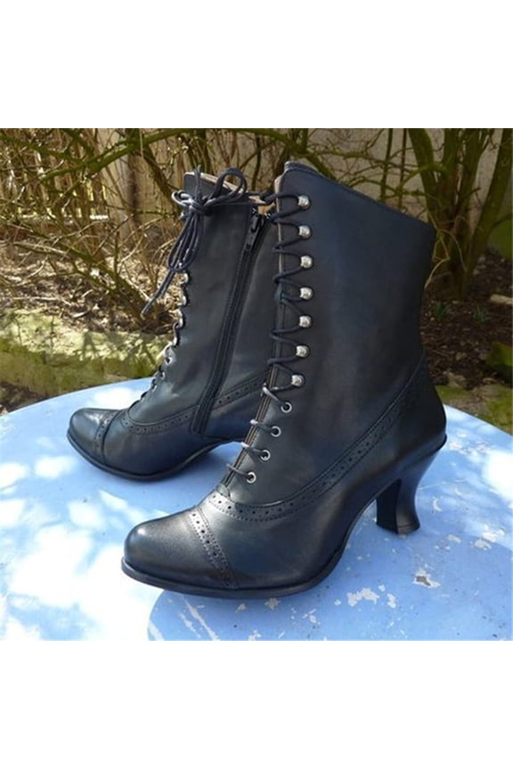 Womens Work Boots Solid Bandage Boots Round Toe Booties Midheel Boots Shoes 6.5(38)