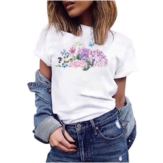 Fesfesfes Womens Work Shirts Women's Summer Floral Printing Fitting T-shirt Short Sleeved Round Neck Tops Blouse Workout Tops for Women Short Sleeve 10(XL)