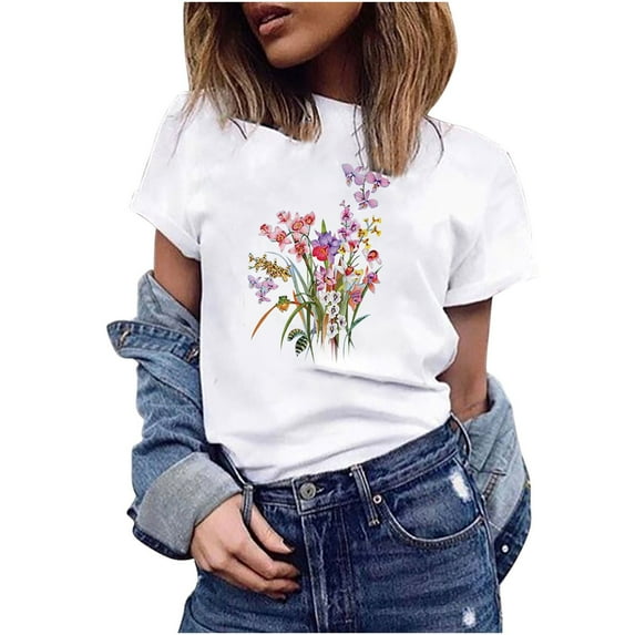 Fesfesfes Womens Work Shirts Women's Summer Floral Printing Fitting T-shirt Short Sleeved Round Neck Tops Blouse Workout Tops for Women Short Sleeve 12(XXL)