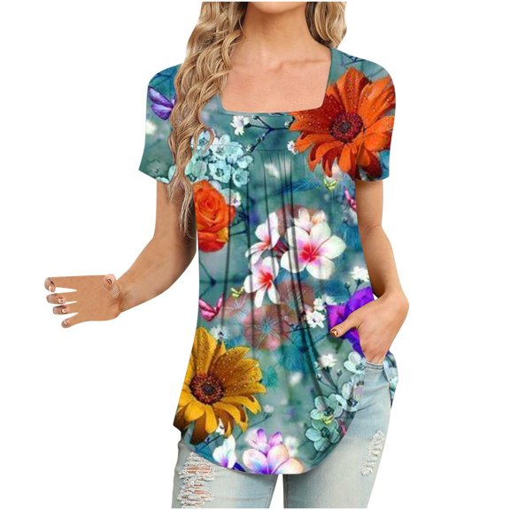 Fesfesfes Womens Work Tops Women's Fashion Printed T-shirt Mid-length 3/4 Sleeves Blouse Round Neck Casual Tops T Shirt Women 12(XXL)