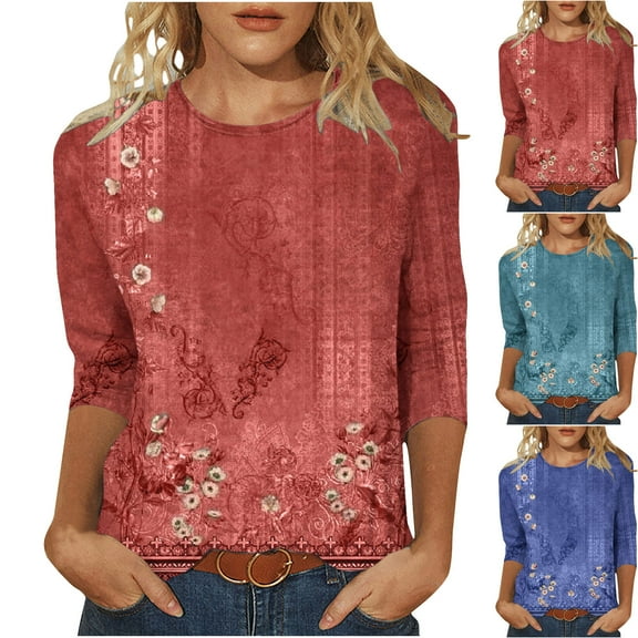 Fesfesfes Womens Workout Tops Short Sleeve Women's Fashion Printed T-shirt Mid-length 3/4 Sleeves Blouse Round Neck Casual Tops Short Tshirts for Women 8(L)