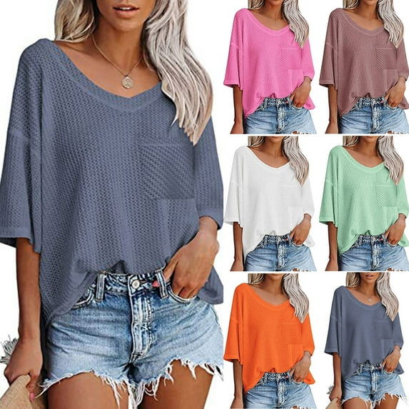 Fesfesfes Work Tops Women's Fashion Casual Solid V-Neck Loose Short Sleeve T-shirt Pullover Tops Blouses for Women Dressy Casual 10(XL)