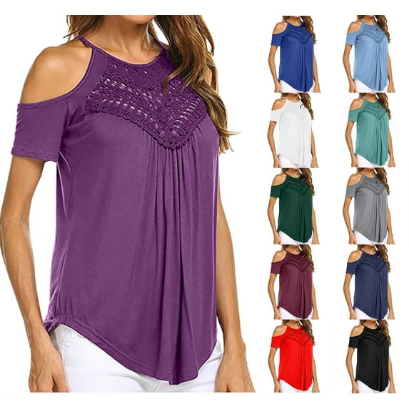 Fesfesfes Workout Clothes for Women's Casual Lace Off Shoulder T-Shirt Solid Olor Hollow Out Round Neck Tops Womens T Shirt S(US:4)