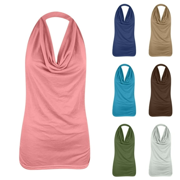 Fesfesfes Workout Shirt Women Fashion Solid Color V-Neck Halter Sleeveless T-Shirt Blouse Tops Womens Tshirts S(US:4)