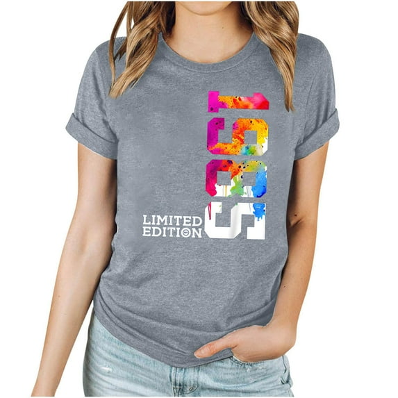 Fesfesfes Workout Shirt Women's Fashion Printed Round Neck Short Sleeved Top Hort Sleeve Round-Neck Blouses Shirts Womens Workout Tops S(US:4)