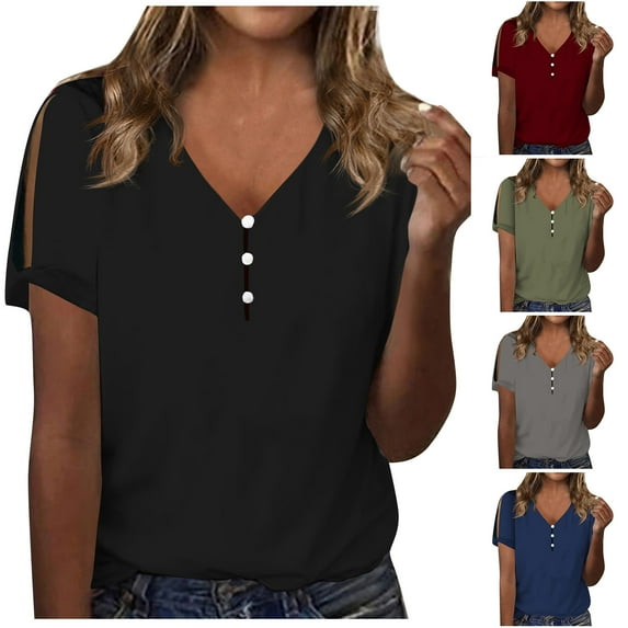 Fesfesfes Workout Shirts Women Fashion Casual Shirts Short Sleeve Loose Tee Tops V Neck Blouse Shirts for Women 2XL(US:12)