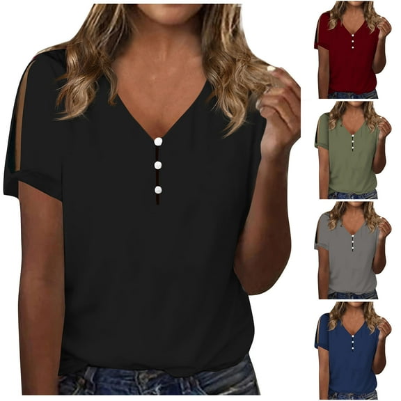 Fesfesfes Workout Shirts Women Fashion Casual Shirts Short Sleeve Loose Tee Tops V Neck Blouse Shirts for Women L(US:8)