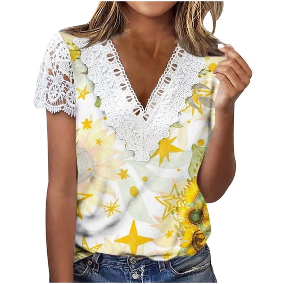 Fesfesfes Workout Shirts Women Fashion Summer Fold Printed Regular Women Short Sleeves V Neck Button Top Women Tops S(US:4)
