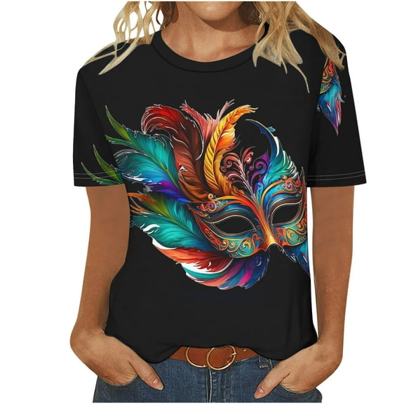 Fesfesfes Workout Shirts for Women Loose Fit Mardi Gras Women Fashion Casual Printed Short Sleeve Round-Neck Pullover Blouse T-shirt Tops Fashion Tops for Women S(US:4)
