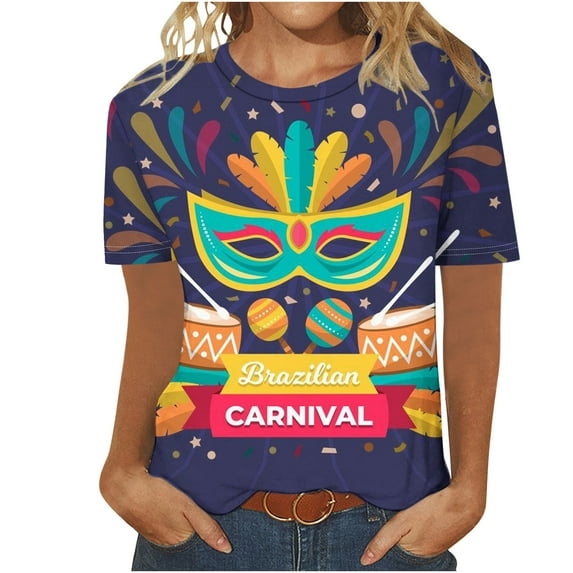 Fesfesfes Workout Shirts for Women Loose Fit Mardi Gras Women Fashion Casual Printed Short Sleeve Round-Neck Pullover Blouse T-shirt Tops Fashion Tops for Women S(US:4)