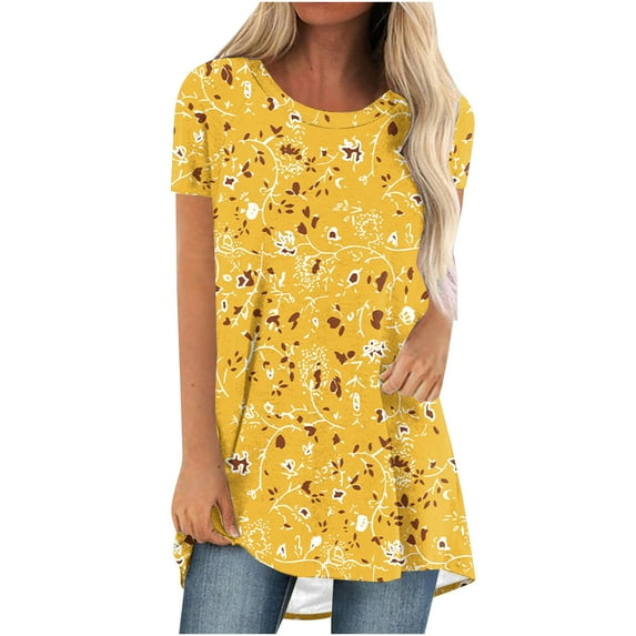 Fesfesfes Workout Shirts Women's Summer Round Neck Loose Tops Casual Print Short Sleeve Blouse Women Tees 6(M)