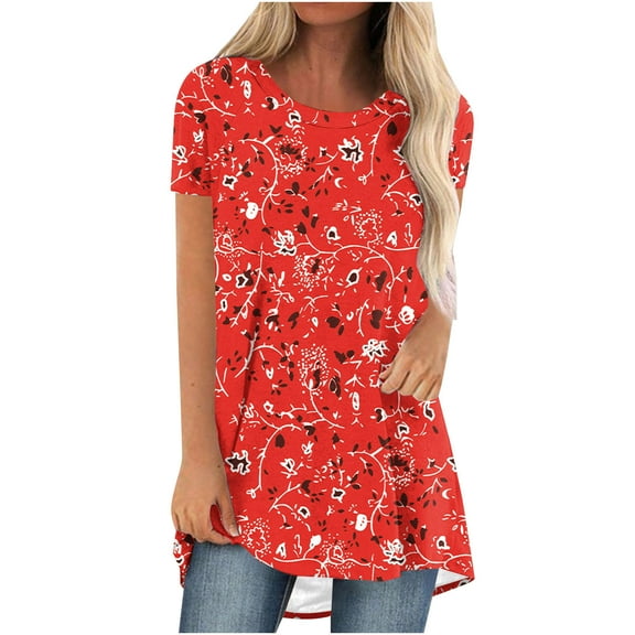 Fesfesfes Workout Shirts Women's Summer Round Neck Loose Tops Casual Print Short Sleeve Blouse Women Tees 6(M)