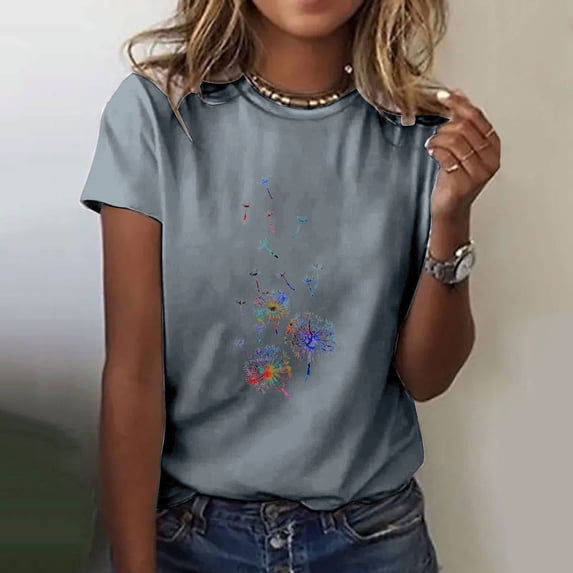 Fesfesfes Workout Shirts for Women Casual T-shirt Printed Round Neck Short Sleeve Pullover Blouse Tops Short Sleeve Workout Tops for Women XL(US:10)