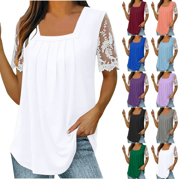 Fesfesfes Workout Shirts for Women Loose Fit Women Summer Regular Lace Short Sleeve Women Short Sleeves Top Womens Tops Dressy Casual XL(US:10)