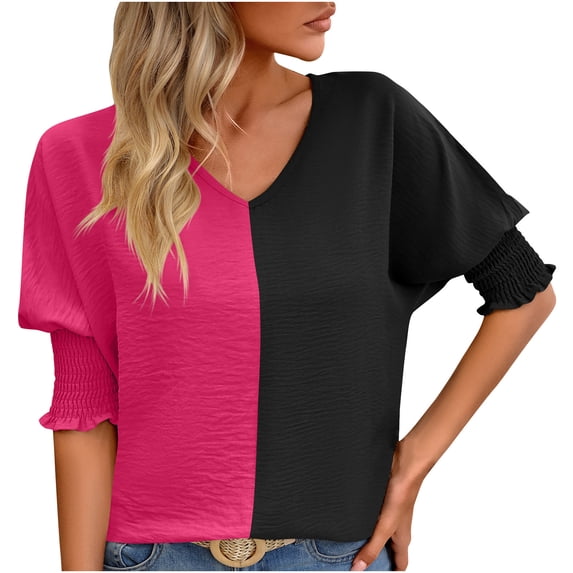 Fesfesfes Workout Shirts for Women's V-Neck Contrasting Raglan Sleeves Lapel Loose Fitting Shirt Top T Shirts for Women L(US:8)