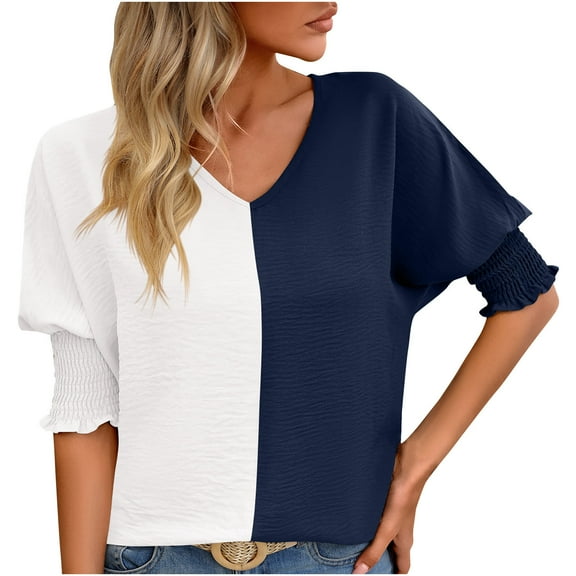 Fesfesfes Workout Shirts for Women's V-Neck Contrasting Raglan Sleeves Lapel Loose Fitting Shirt Top T Shirts for Women M(US:6)