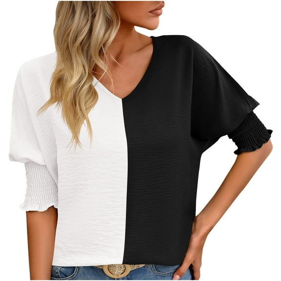 Fesfesfes Workout Shirts for Women's V-Neck Contrasting Raglan Sleeves Lapel Loose Fitting Shirt Top T Shirts for Women S(US:4)