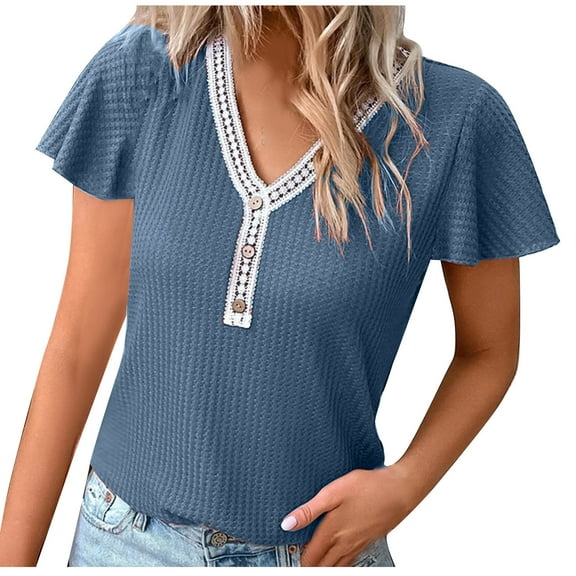 Fesfesfes Workout Top Fashion Women's Summer V-Neck Button Short Sleeve Solid Casual Pullove Blouses Tops Womens Basic Short Sleeve Tops 4(S)