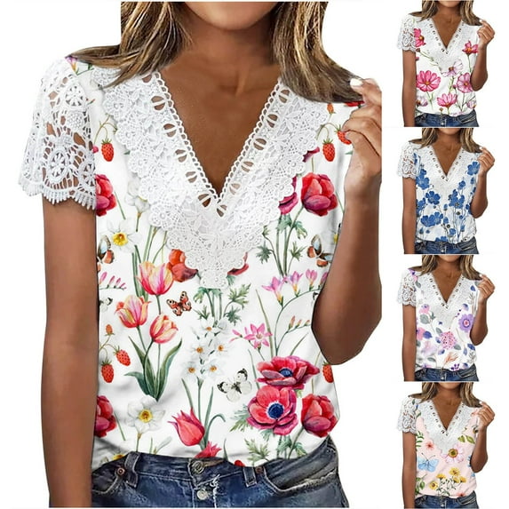 Fesfesfes Workout Tops for Women Short Sleeve Women Fashion Summer Printed Regular Women Short Sleeves V Neck Button Top Womens T Shirts Graphic M(US:6)