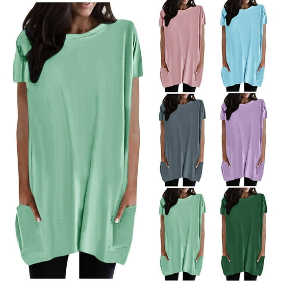 Fesfesfes Workout Tops for Women Short Sleeve Women Casual Short Sleeve WIth Pocket Round Neck Pullover Blouse T-shirt Tops Women's Tops 4(S)