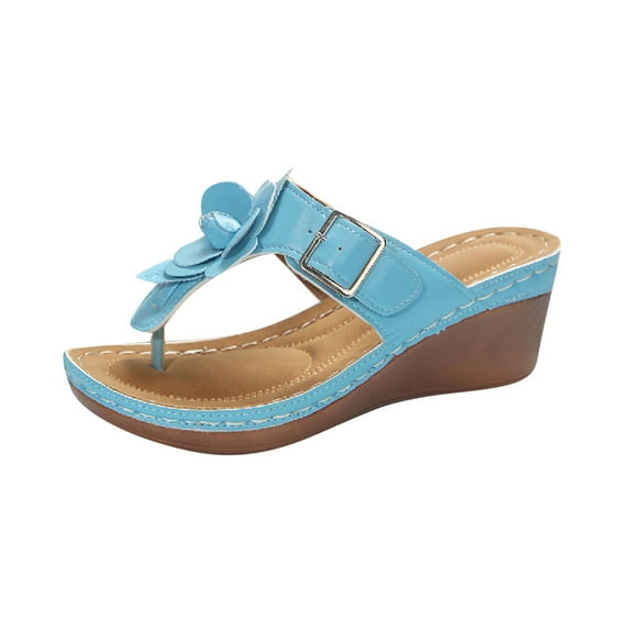 Fesfesfes Woven Women's Flat Beach Slippers for Spring Summer Breathable Outer Soft Sole Casual Shoes for Outdoor Walking Wear(Sky Blue#3,US 7)