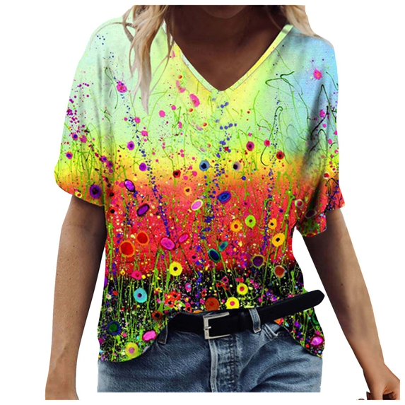 Fesfesfes Yoga Clothes Women's Fashion Casual Plus Size Scenic Flowers Printing V-Neck T-Shirt Tops Women's Tops M(US:6)