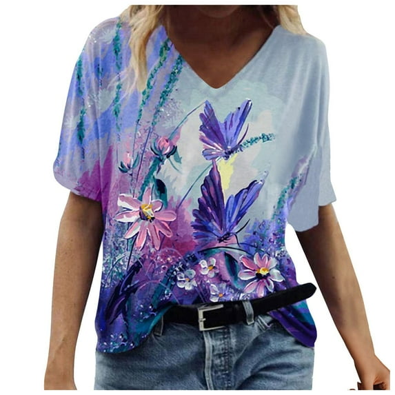 Fesfesfes Yoga Clothes Women's Fashion Casual Plus Size Scenic Flowers Printing V-Neck T-Shirt Tops Women's Tops M(US:6)