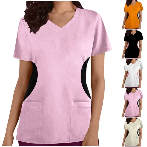 Fesfesfes Yoga Clothes Women's Fashion Short Sleeve V-Neck Tops Working Uniform Printing Pocket Blouse Tops T Shirt 10(XL)