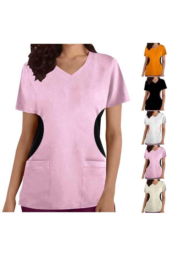 Yoga Clothes Women's Fashion Short Sleeve V-Neck Tops Working Uniform Printing Pocket Blouse Tops T Shirt 4(S)