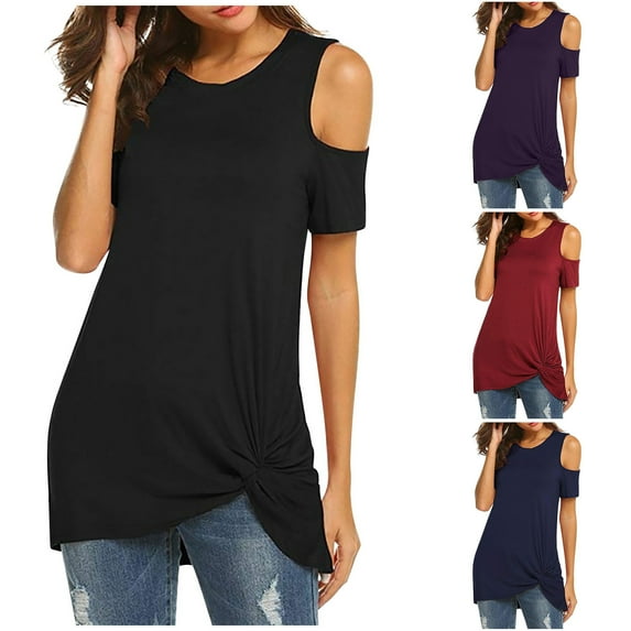 Fesfesfes Yoga Top Women's Casual Loose Solid Color Crewneck Short Sleeve T-Shirt Off Shoulder Tops 8(L)