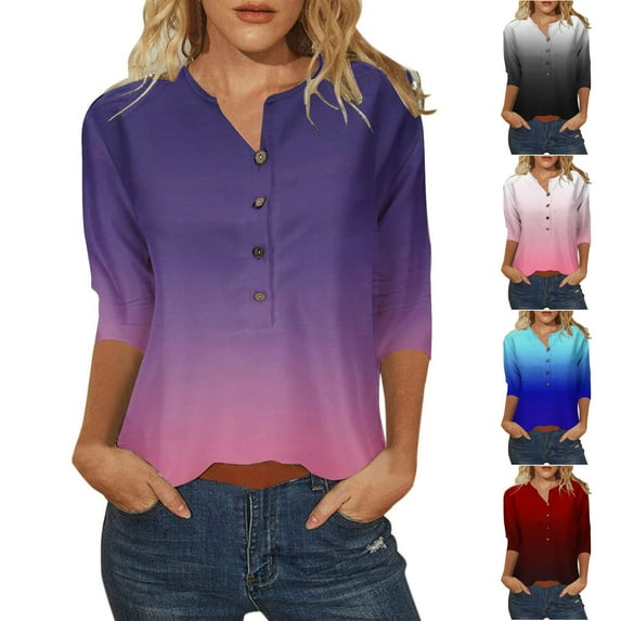 Fesfesfes Yoga Top Women's Fashion Casual 3/4 Sleeve Button T-Shirt Neck Print Top Blouse Sleeveless Tops for Women M(US:6)