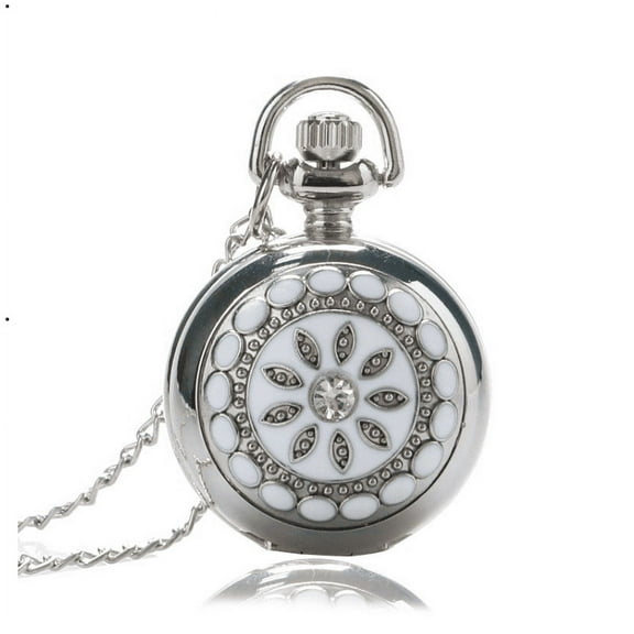 Feshionn IOBI Vintage White Pearl Flower Mini Pocket Watch Necklace, 30" Chain (Women's)