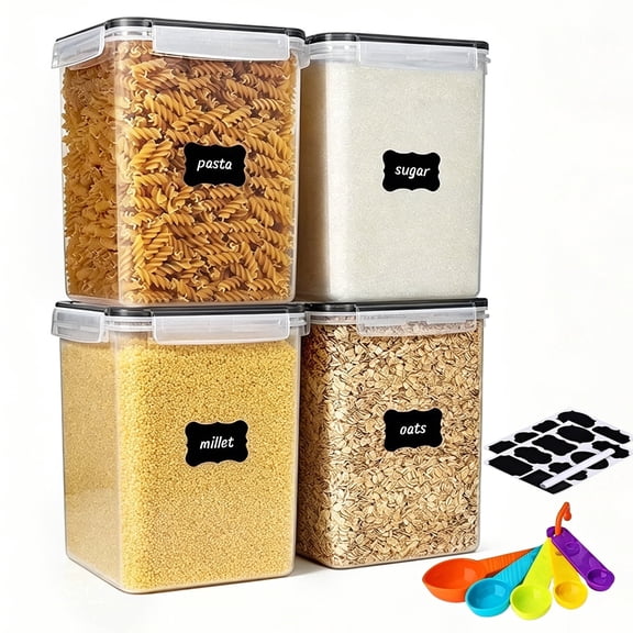 stusgo 4 Pcs 5.2L/183Oz Square Airtight Cereal Container Flour Storage with Lids,Includes Spoons, Labels and a Pen