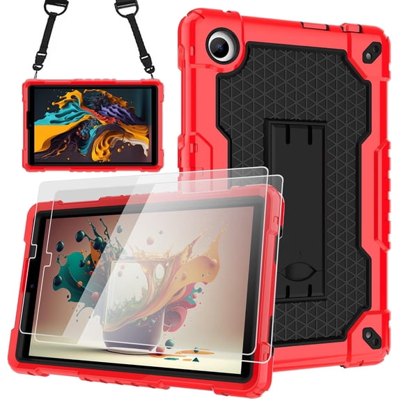 Fesign for TCL Tab 8V / Tab 8 SE (6048E) Tablet Case Shockproof Case Come with Tempered Glass Screen Protector Kids Friendly Case with Shoulder Strap (Red+Black/2 Pcs)
