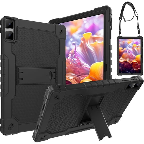 Fesign case for DOOGEE T10 Plus,UMIDIGI A13 10.5",TECLAST T40HD T40Air 10.4" Hybrid Shockproof Protective Kids Firendly Case with Hard Shell Built in Kickstand Shoulder Strap (Black/Black)