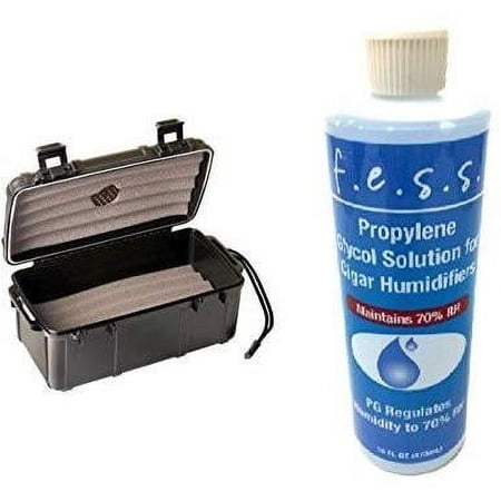 Fess F15 Black Travel Cigar Humidor Waterproof Holder Case for up to 10-15 Cigars with Fess Propylene Glycol PG Solution 16 oz