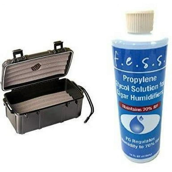 Fess F15 Black Travel Cigar Humidor Waterproof Holder Case for up to 10-15 Cigars with Fess Propylene Glycol PG Solution 16 oz