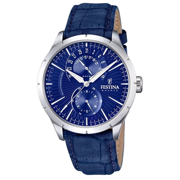 Festina F16573/7 Men's Retro Blue Leather Strap Watch Blue Dial 24-Hour Subdial Display