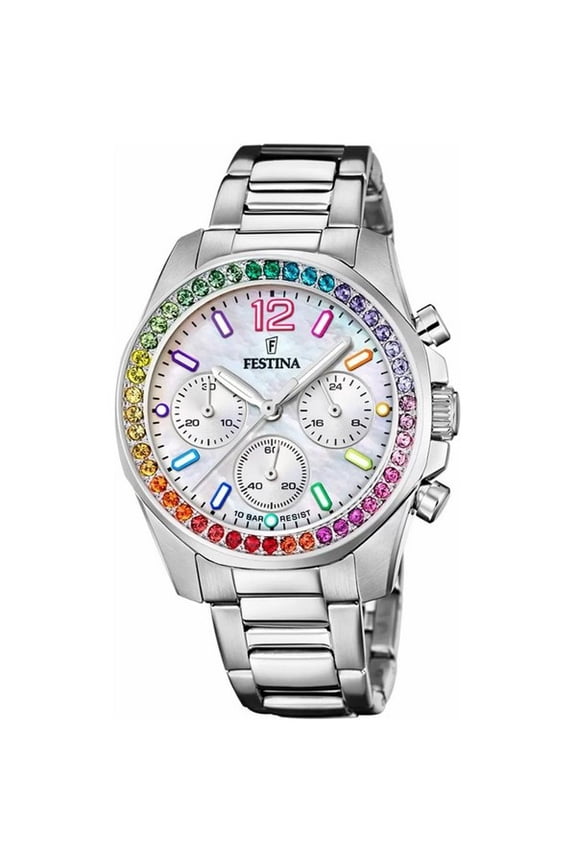 Rainbow Chronograph Stainless Steel Crystal Accents Silver Dial Quartz F20606-2 100M Women's Watch