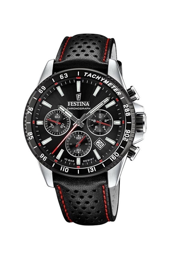 Timeless Chronograph Leather Strap Black Dial Quartz F20561-4 100M Men's Watch