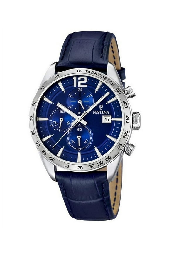 Timeless Chronograph Leather Strap Blue Dial Quartz F16760-3 Men's Watch