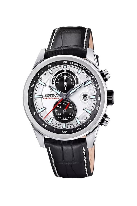 Timeless Chronograph Leather Strap Silver Dial Quartz F20695-1 100M Men's Watch