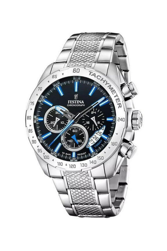 Timeless Chronograph Stainless Steel Black Dial Quartz F20668-6 100M Men's Watch