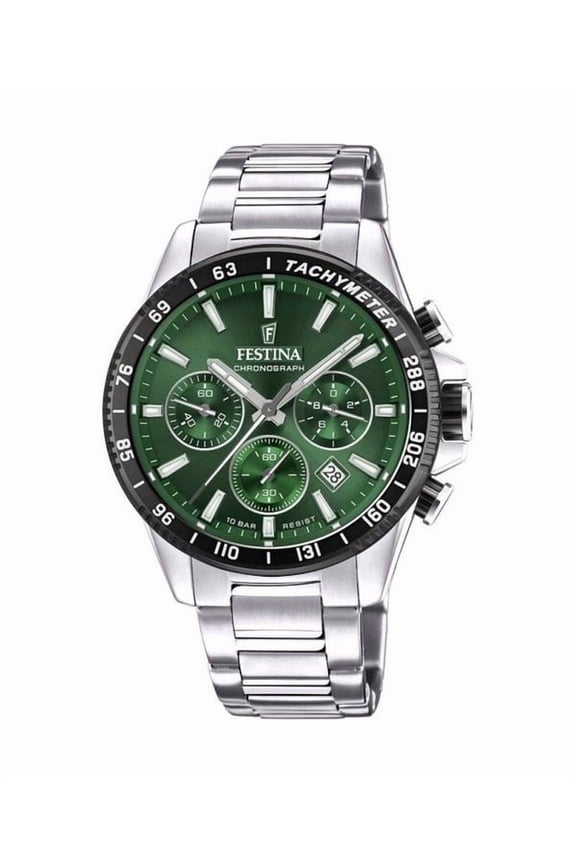 Timeless Chronograph Stainless Steel Green Dial Quartz F20560-4 100M Men's Watch